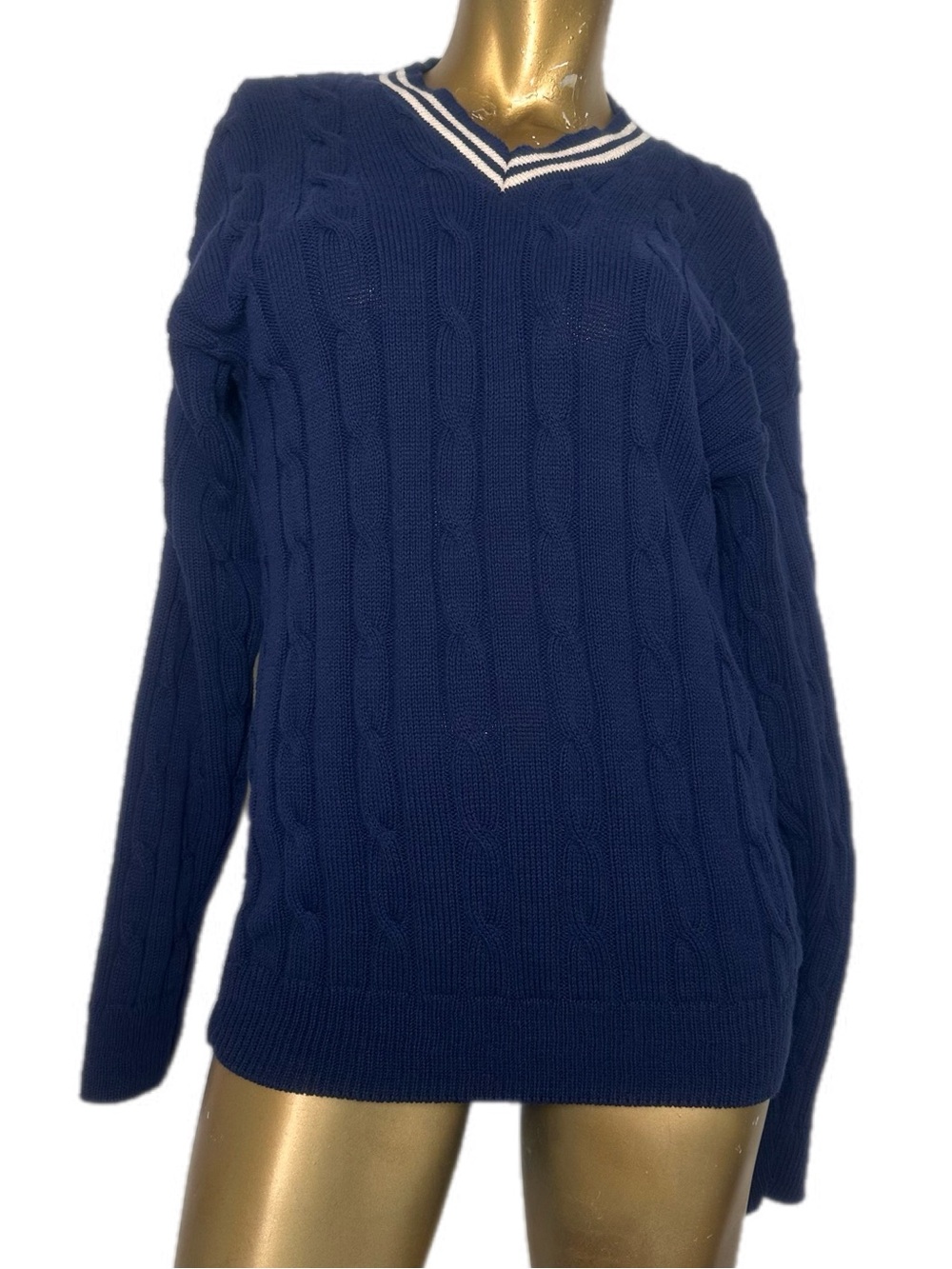 Vintage Cherokee Cotton Cable Knit V-Neck Sweater L Navy white stripe collar